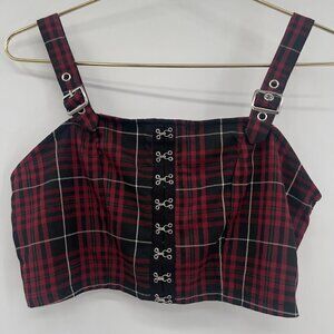Hot Topic Maroon/Black Plaid Buckle Strap Crop Top Women's S/M NWT